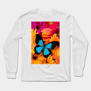 Blue Butterfly On Colorful Daisy's Long Sleeve T-Shirt